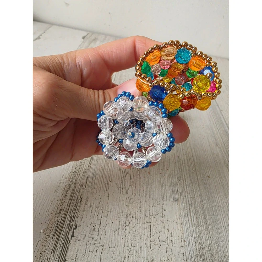 Vintage beaded Bell ornament blue rainbow green pearl Xmas tree set
